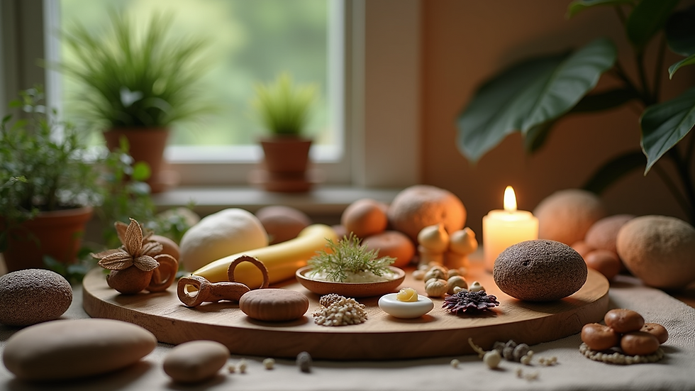High angle view of a vibrant altar adorned with natural elements