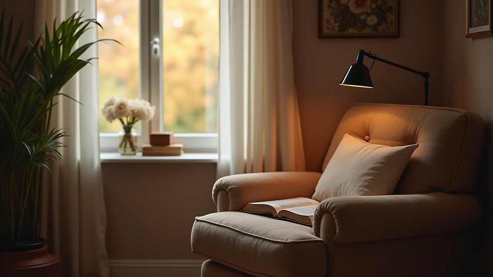 Eye-level view of a cozy reading nook with soft lighting and a comfortable chair