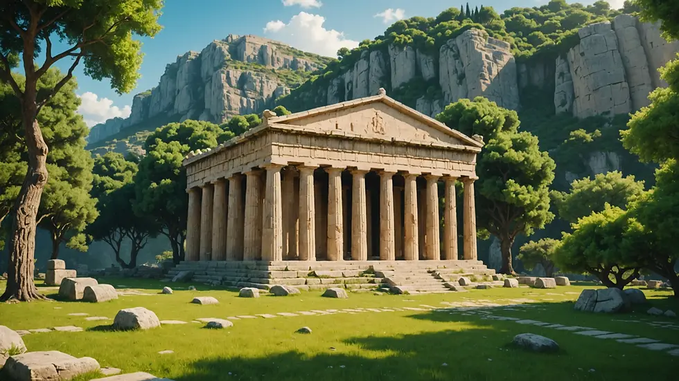 Eye-level view of a mystical ancient Greek temple surrounded by lush greenery