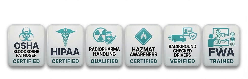 Certifications: HIPAA, OSHA, radiopharma, hazMat Awareness, FWA, background checked drivers.