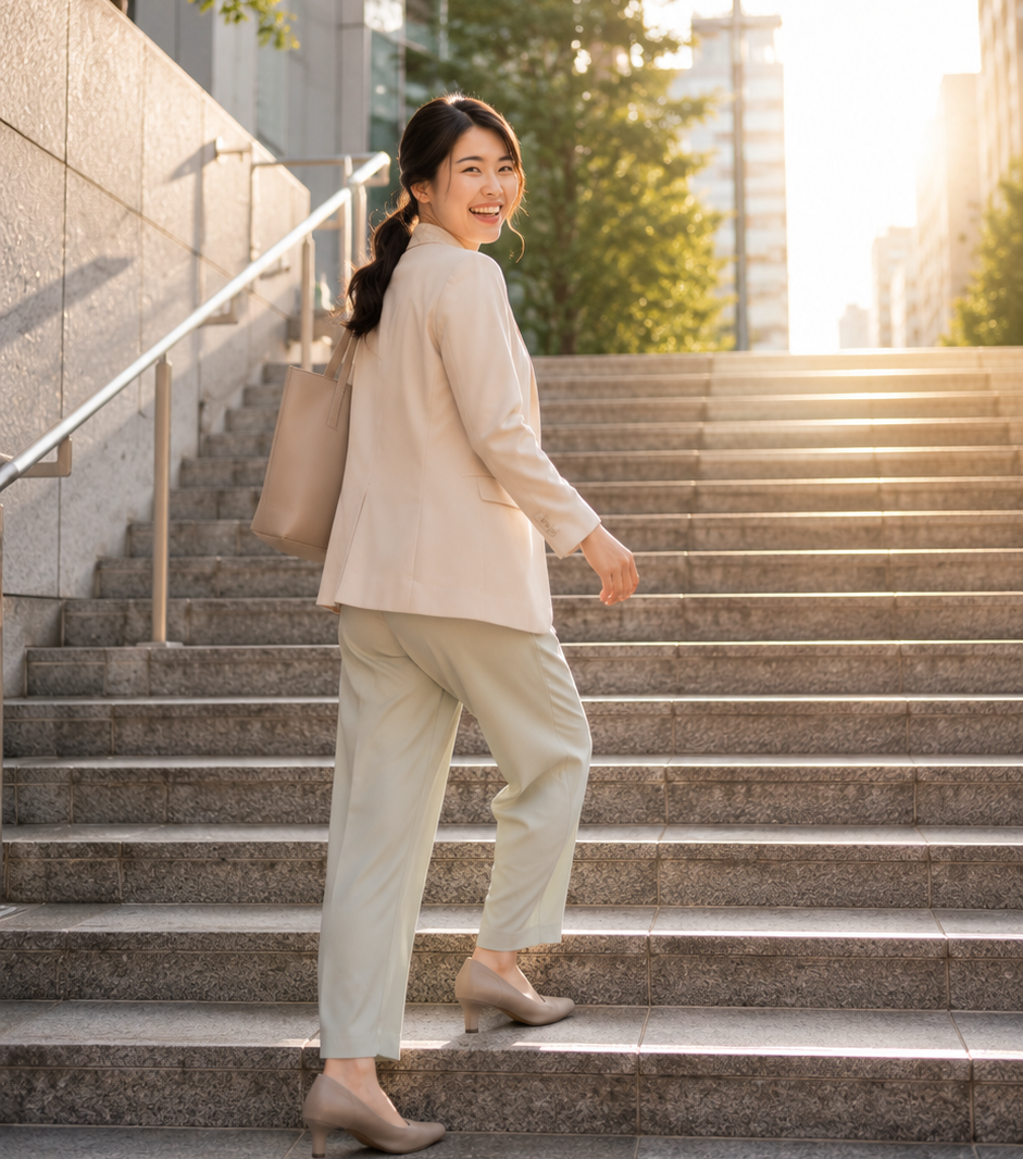 初心者向け女性起業スタートガイド:階段を上り笑顔で振り返る女性