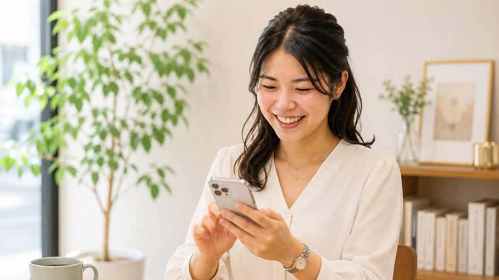 スマートフォンで好きな講座から学び始める笑顔の女性