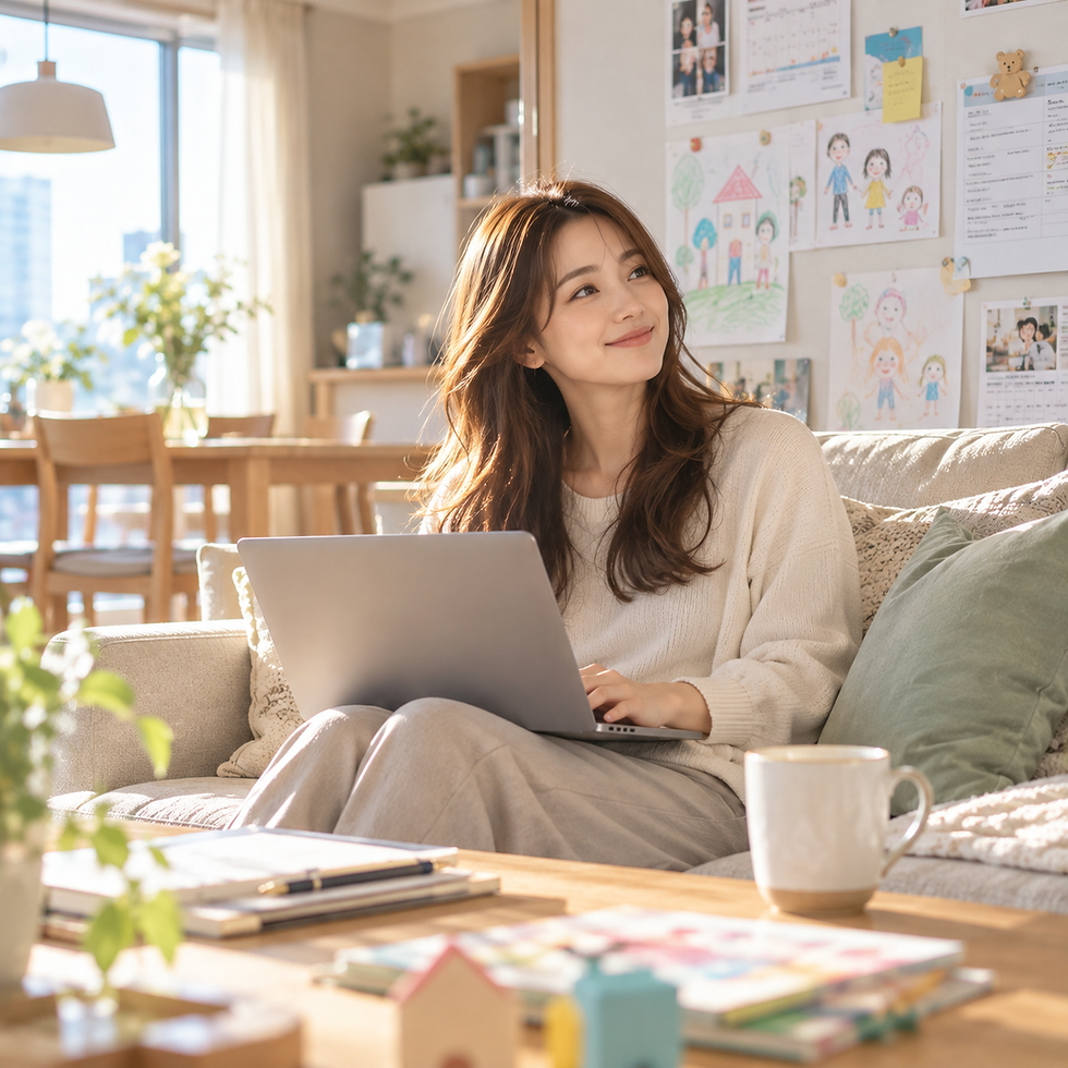 自宅のリビングで仕事をする女性の在宅ワーク風景