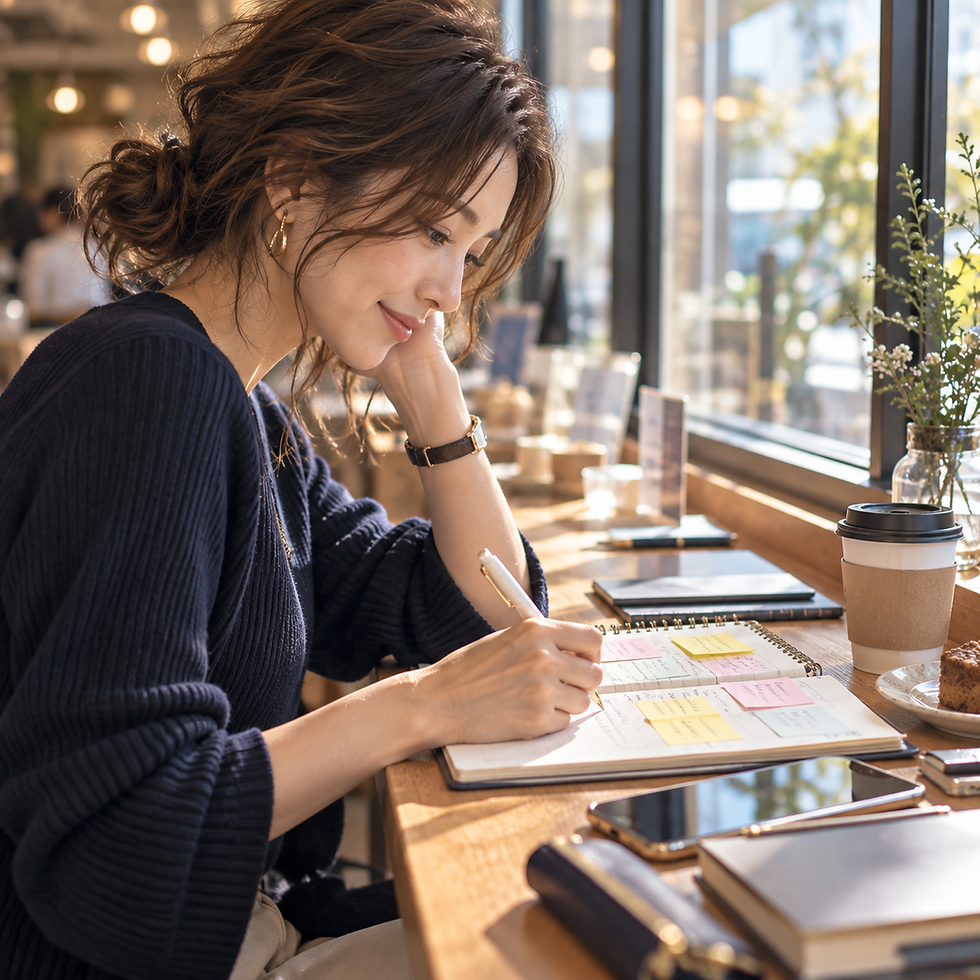 カフェでノートに書き込みながらフリーランスの計画を立てる女性