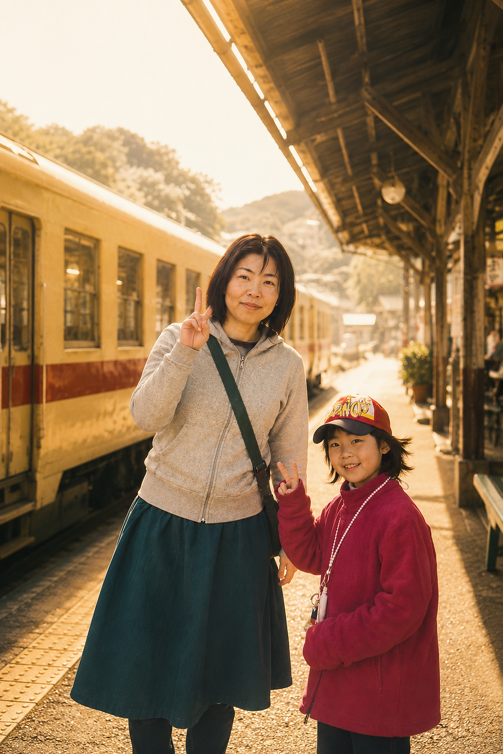 駅のホームで笑顔を見せる女性と子供。福岡の女性起業支援制度まとめに関連する、起業を志したきっかけの家族写真。