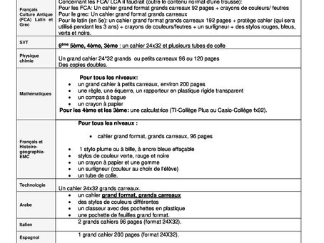 Liste des fournitures collège - 2022/2023