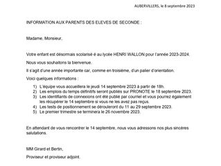 INFORMATION AUX PARENTS DES ELEVES DE SECONDE