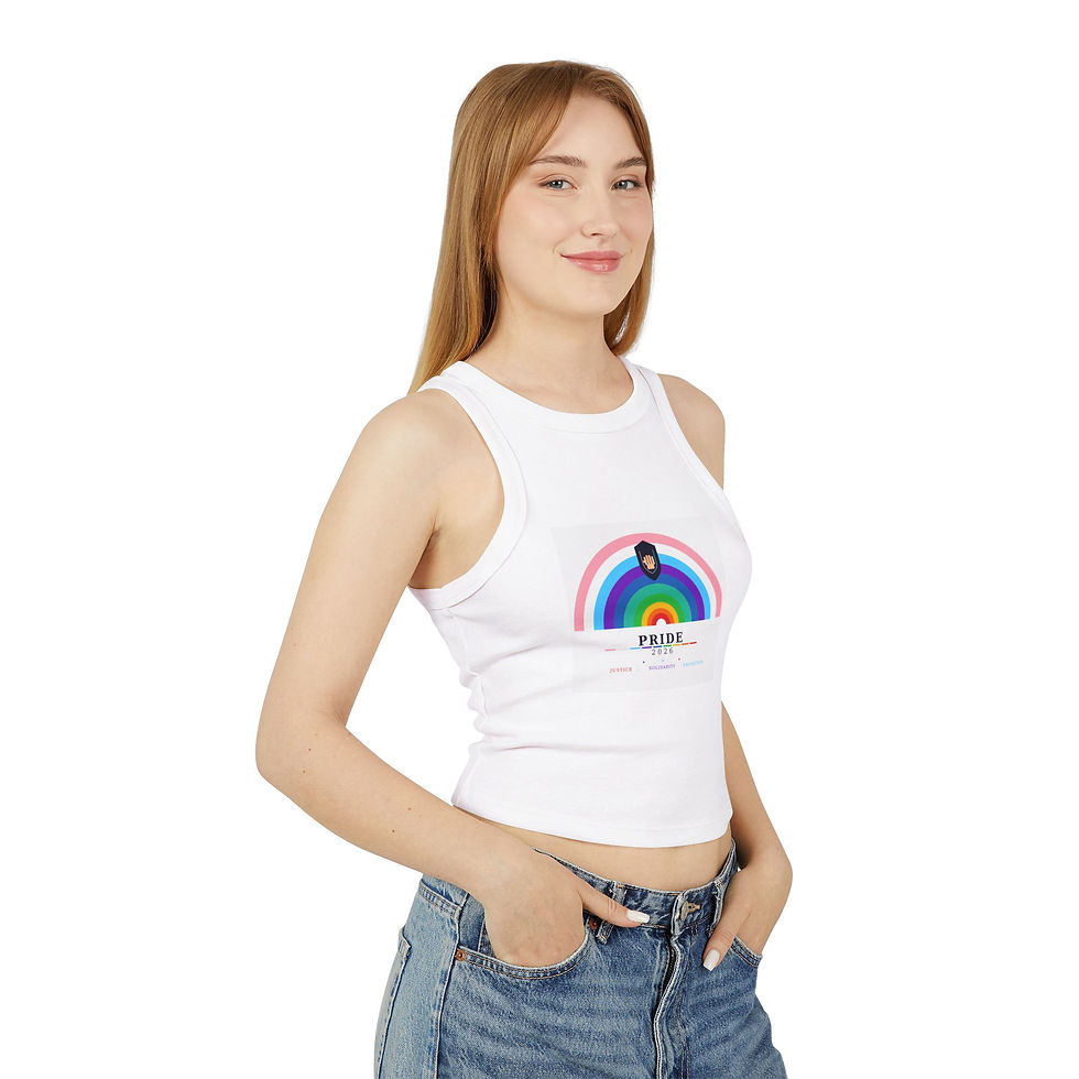 Thumbnail: Pride 2026 Justice, Solidarity and Protection Rainbow Racer Tank