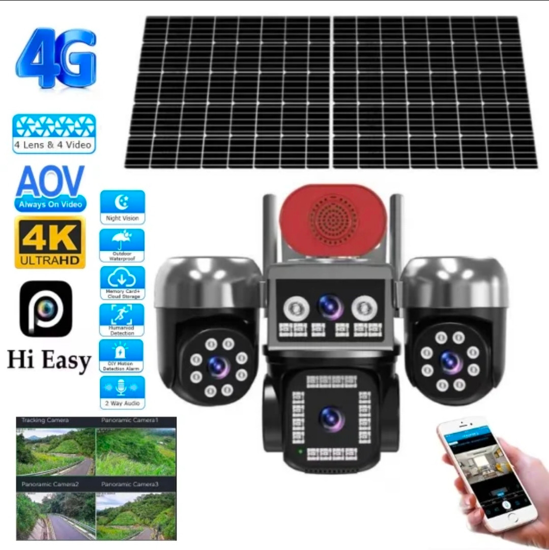 24-Hour 8MP AOV Solar Camera with Four Lenses Full Color 8K CCTV Wireless