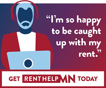 Illustrated man at computer with the quote "I'm so happy to be caught up with my rent."