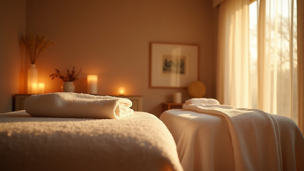 Eye-level view of a cozy massage room with soft lighting