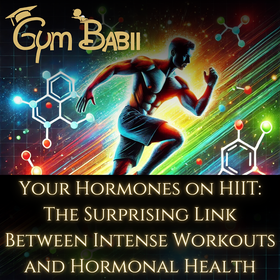 A dynamic illustration of an athlete performing high-intensity exercises, surrounded by colorful molecular icons representing hormones such as testosterone, growth hormone, and cortisol. Glowing energy lines emphasize movement, illustrating the hormonal response to HIIT. The scene is vibrant, using a bold color palette of reds, greens, and blues to convey energy, health, and fitness.