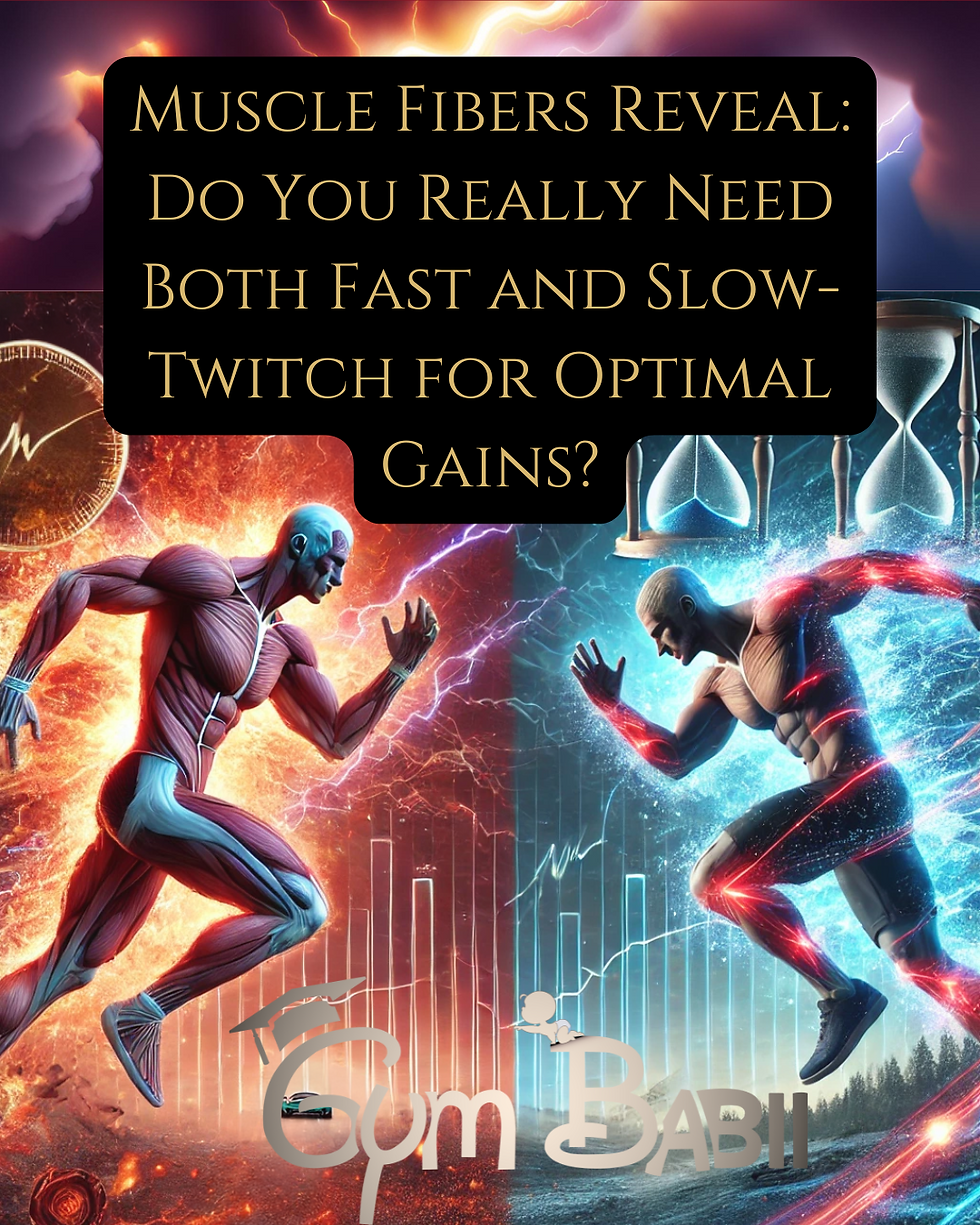 Fitness-themed illustration showcasing fast-twitch and slow-twitch muscle fibers. The left side features a sprinter surrounded by electricity symbols and lightning bolts for speed and power, while the right side shows a jogger with glowing embers and hourglasses representing endurance and stamina.