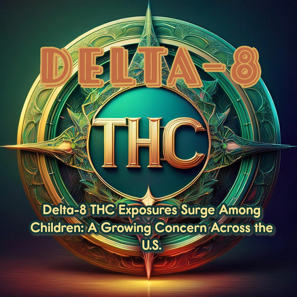 Delta-8 THC Exposures Surge Among Children: A Growing Concern Across the U.S." is displayed in bold lettering over a stylized, circular emblem with intricate designs and a vibrant green and gold color scheme. The central focus is on the large text "THC," symbolizing the topic, surrounded by dynamic abstract patterns. The image conveys a serious tone, highlighting the increasing public health concerns surrounding Delta-8 THC exposure among children.