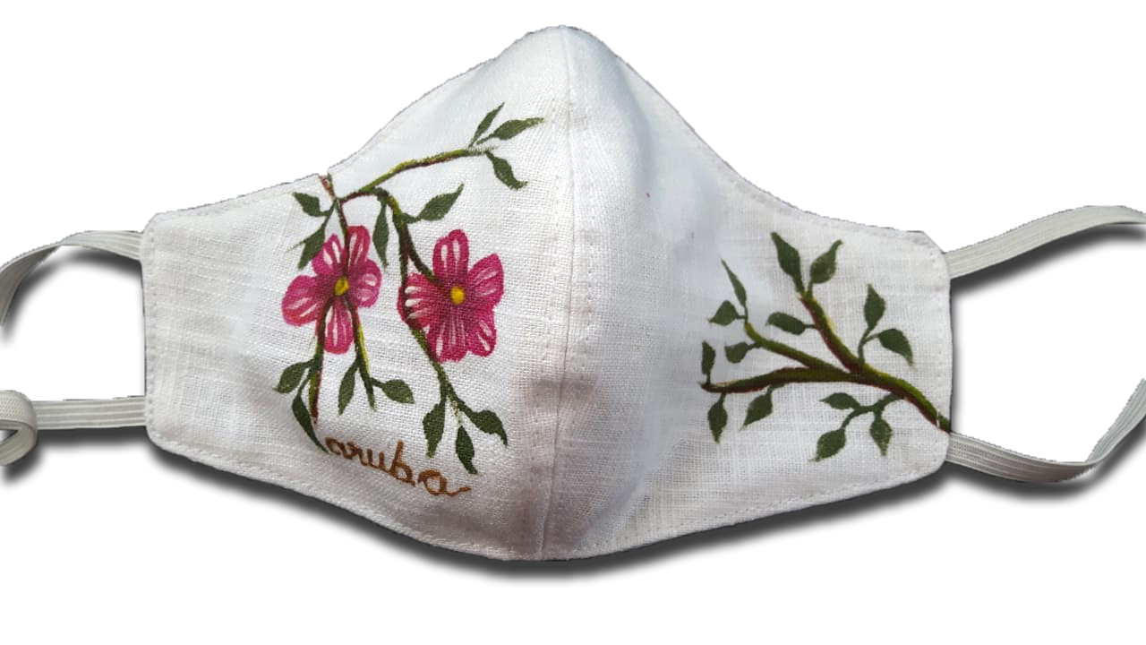 White facemask big pink flowers