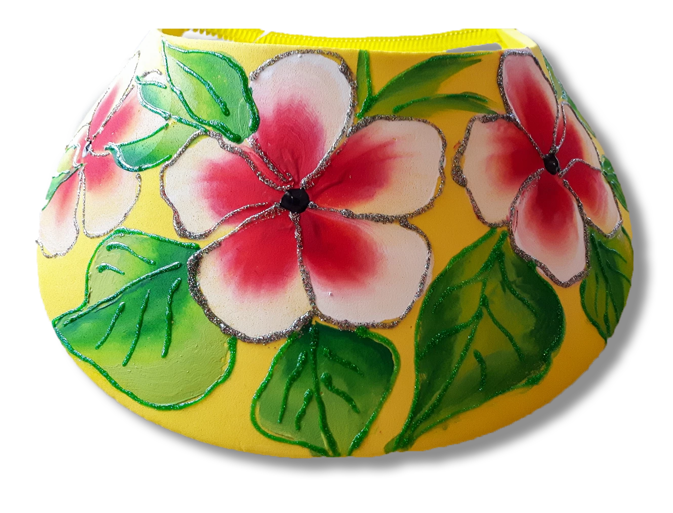 Red white flowers green leaves yellow visor