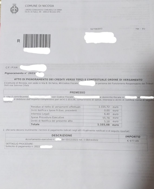 ESCLUSIVO: COPIA DEL PIGNORAMENTO CHE IL COMUNE DI NICOSIA HA INVIATO ALLE BANCHE
