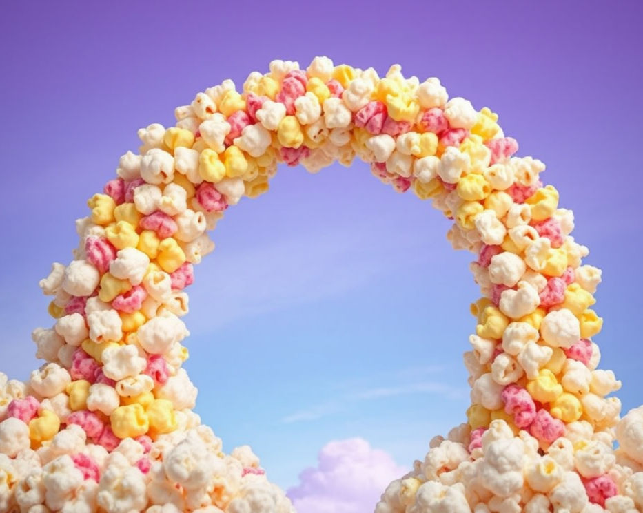 A pretty rainbow made of popcorn ending in real clouds in a lavender sky