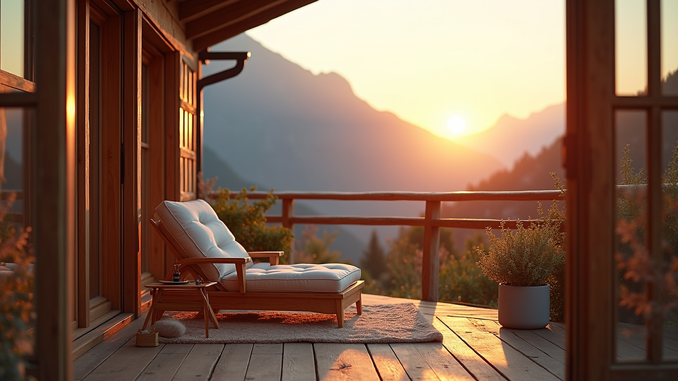 Eye-level view of a cozy mountain terrace overlooking the Dolomites at sunset