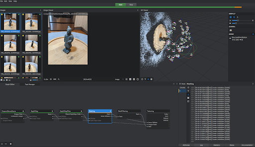 A screenshot of Meshroom's software, showing the images imported and 3D point cloud.