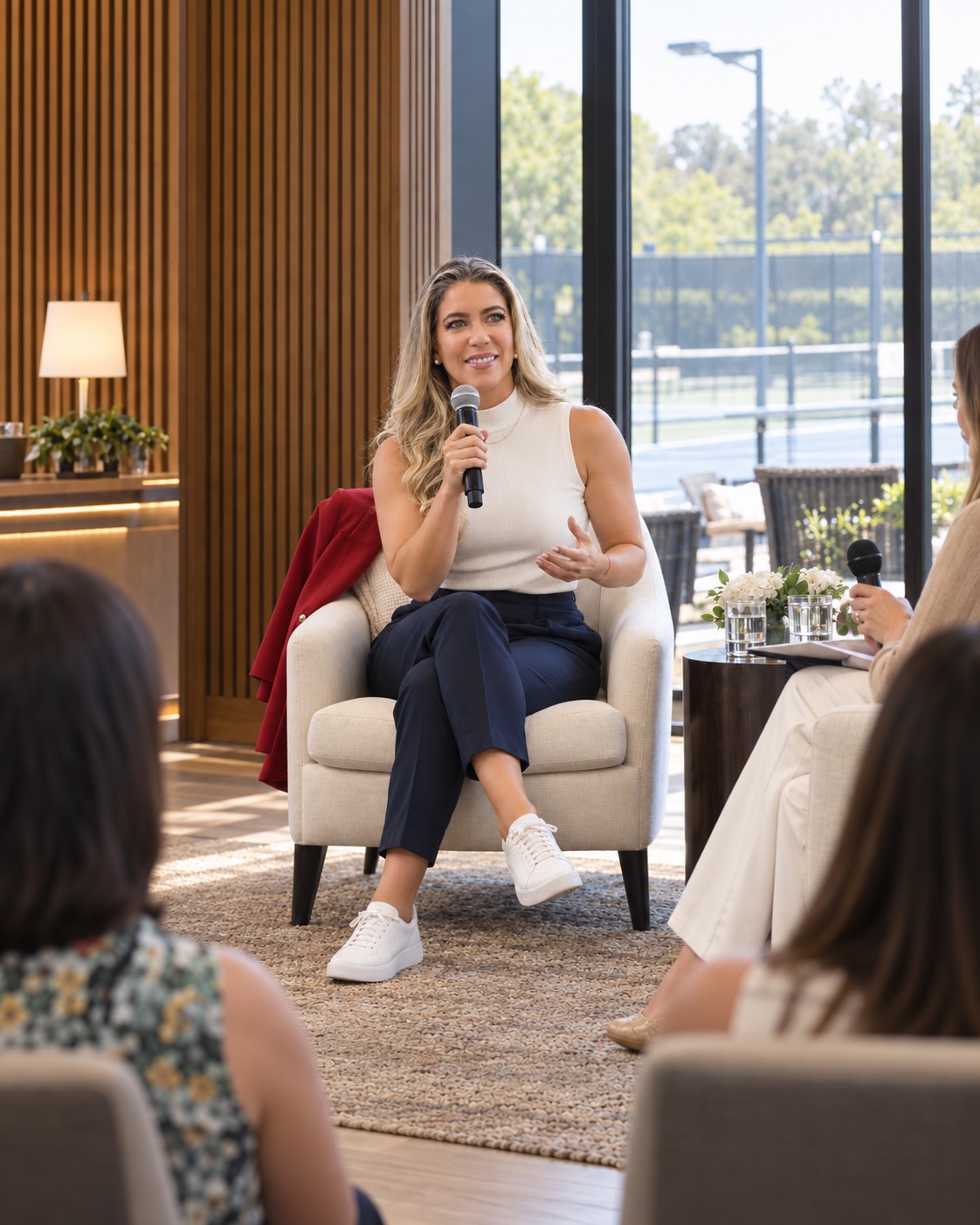 Mariana Correa speaking during an intimate tennis leadership conversation