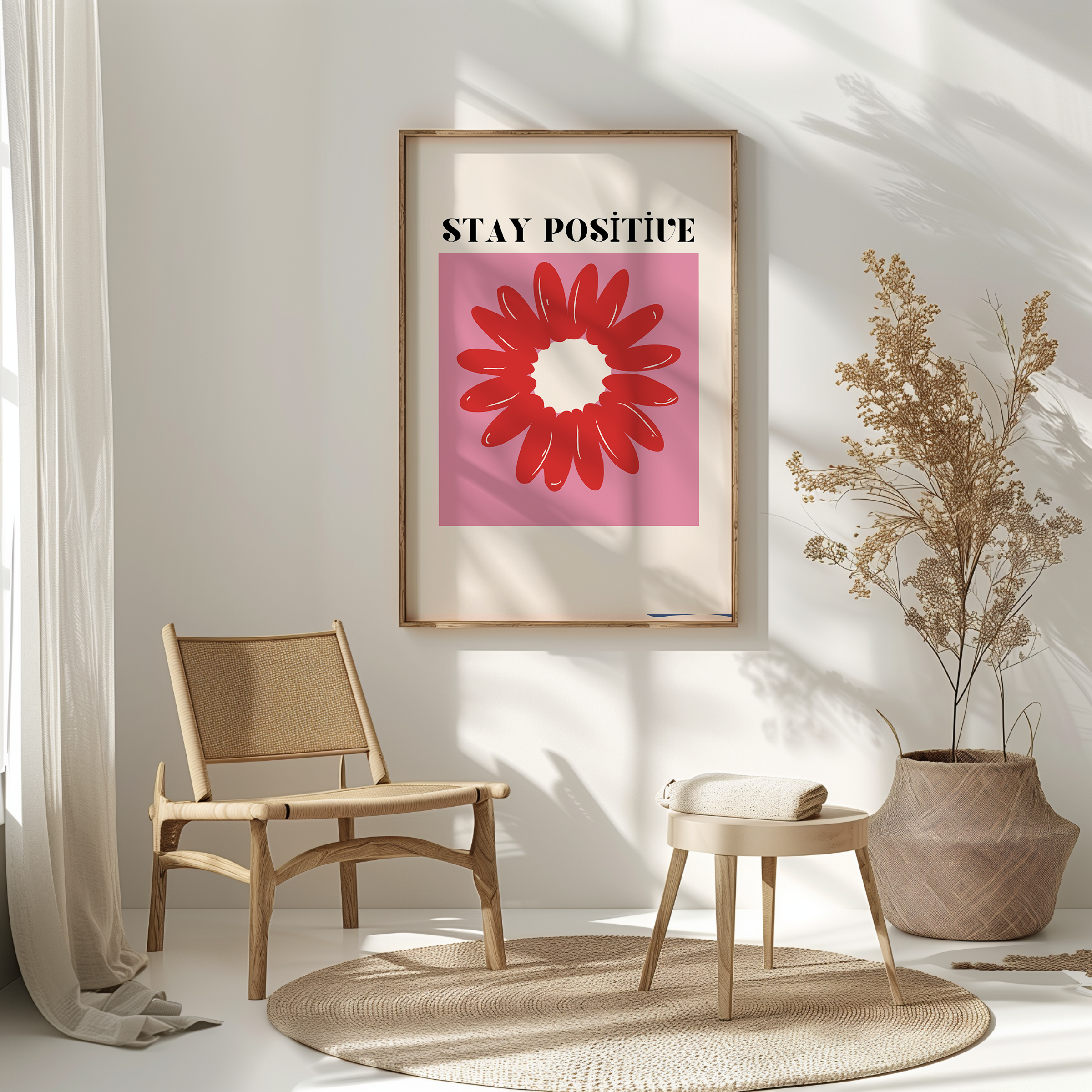 Stay Positive Yazılı Çiçek Temalı Duvar Posteri – Ahşap Çerçeveli