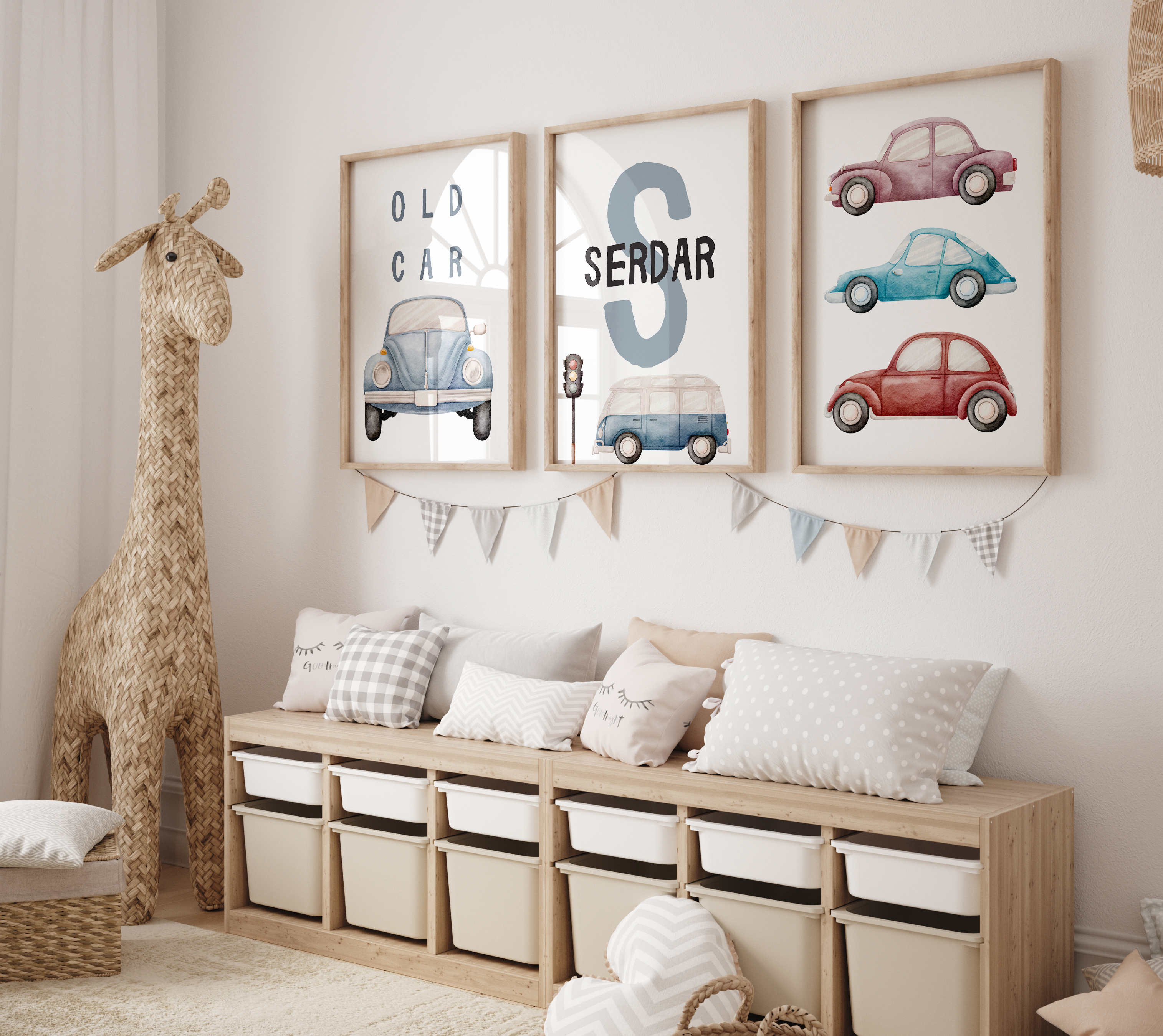 Vintage Araba Tasarımlı İsme Özel Posterler – Ahşap Çerçeveli Çocuk Odası Tablos