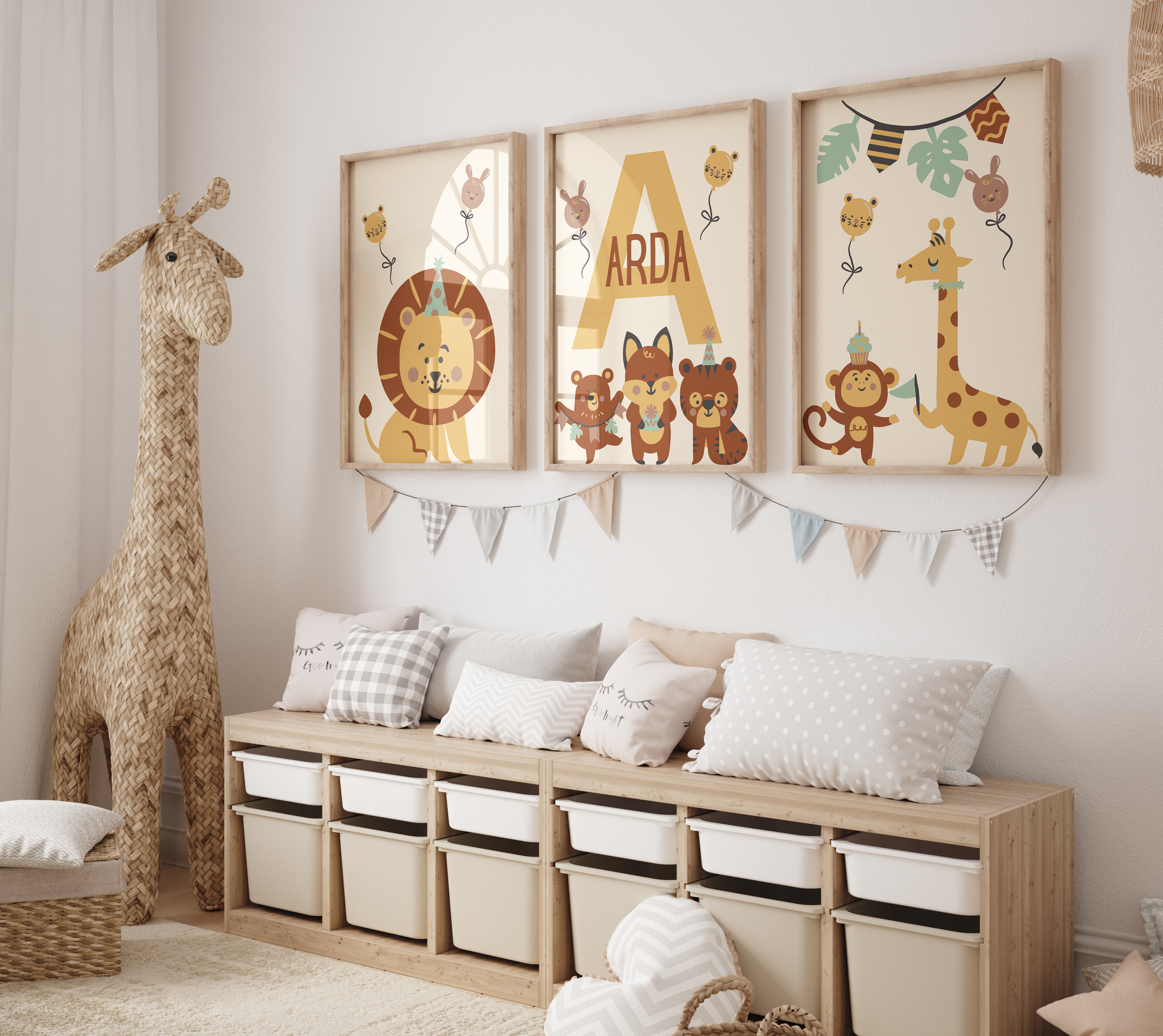 Hayvanlar Alemi Temalı Erkek Çocuk Odası Tablosu | Çerçeveli 3’lü Set | İsme Öze
