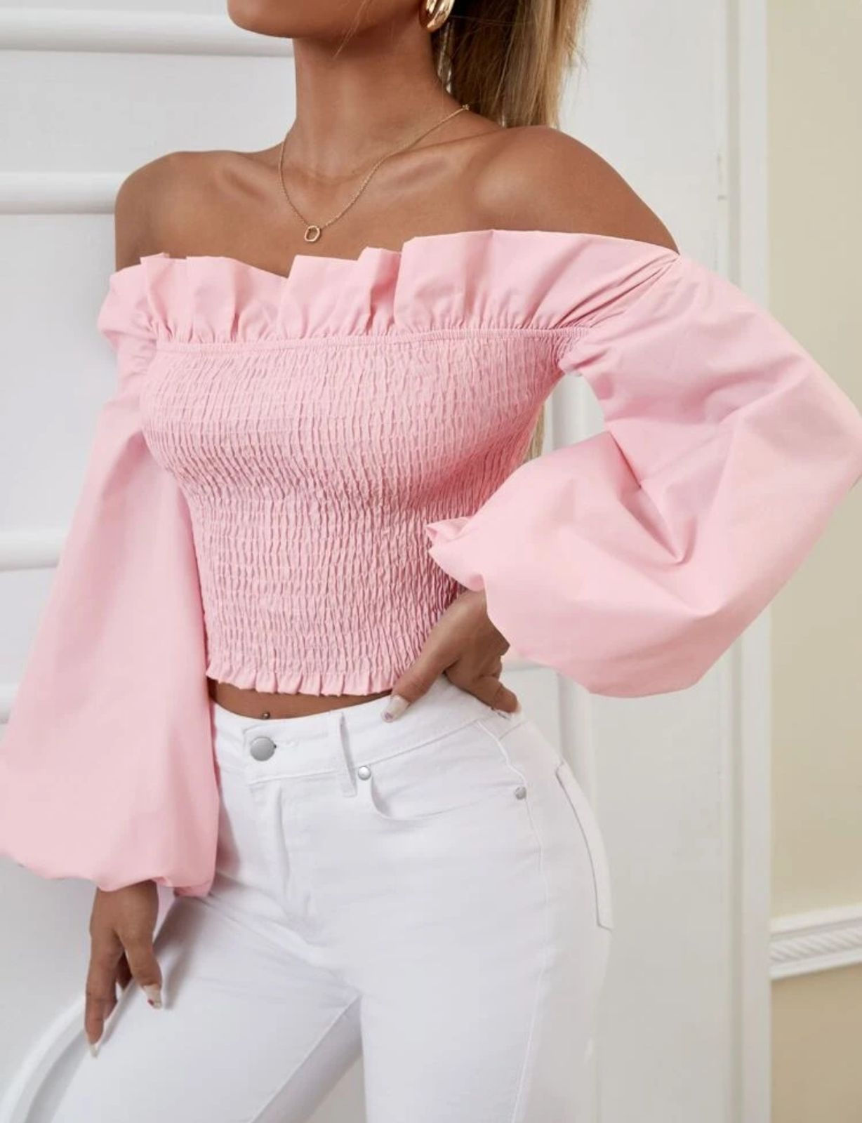 Baby pink off the shoulder puffer top