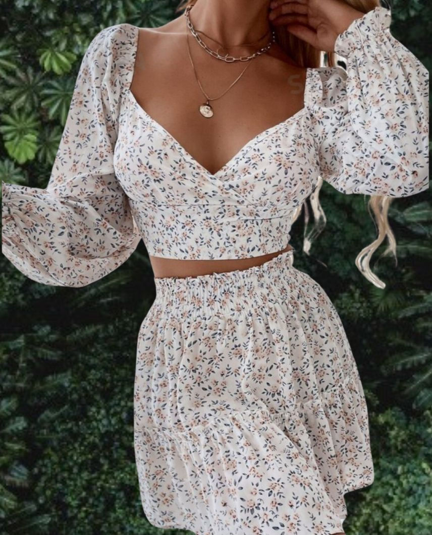 White Floral Print Mini Skirt Co-ord