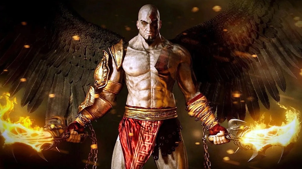 Kratos, protagonista de God of War, em uma representação épica com asas negras e empunhando as Lâminas do Caos em chamas, rodeado por faíscas e um fundo sombrio.