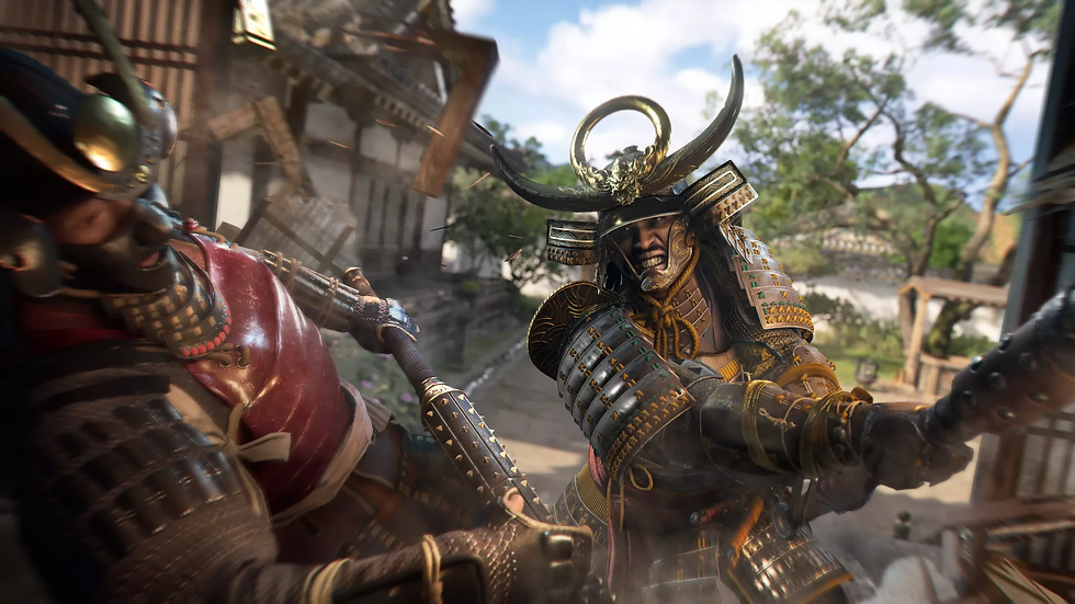 Gameplay de Assassin’s Creed Shadows mostrando Yasuke duelando com um samurai em um campo de batalha no Japão Feudal.