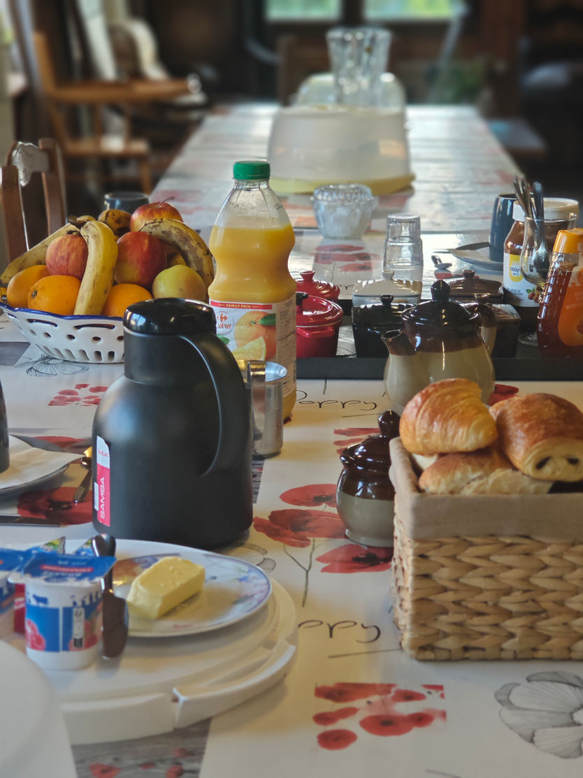 Le petit-déjeuner est présenté sur une grande table dans la véranda. Il n'est pas servi sous forme de buffet ; tous les éléments sont disposés sur la table pour que les clients se servent.
Placement et Vaisselle : Les tables sont dressées avec des assiettes, des couverts (couteau, cuillère à café), des mugs et des verres.
Boissons chaudes et froides : Vous trouverez sur la table une carafe de café, une théière d'eau chaude, du thé (vert et noir), un petit pichet de lait et du jus d'orange. Du chocolat chaud en poudre et du lait chaud sont disponibles sur demande.
Pains et viennoiseries : Une bannette contient du pain frais, des mini-croissants et des mini-pains au chocolat.
Produits laitiers et tartinables : Sous une cloche se trouvent des fromages (Saint-Môret, Babybel, La Vache qui Rit), du beurre doux et des yaourts. Vous trouverez également du miel, du Nutella et un assortiment de confitures maison (servies dans des petites cocottes) ainsi que des confitures classiques.
Fruits : Une corbeille de fruits frais est à votre disposition avec des pommes, des oranges et des bananes.