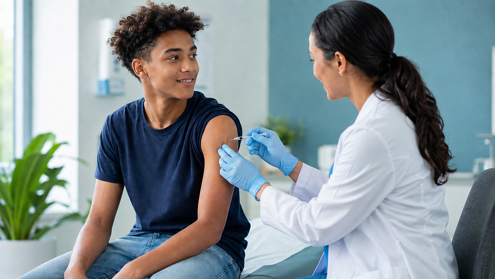 Profesional de la salud aplica un tratamiento inyectable a un adolescente en una consulta médica.