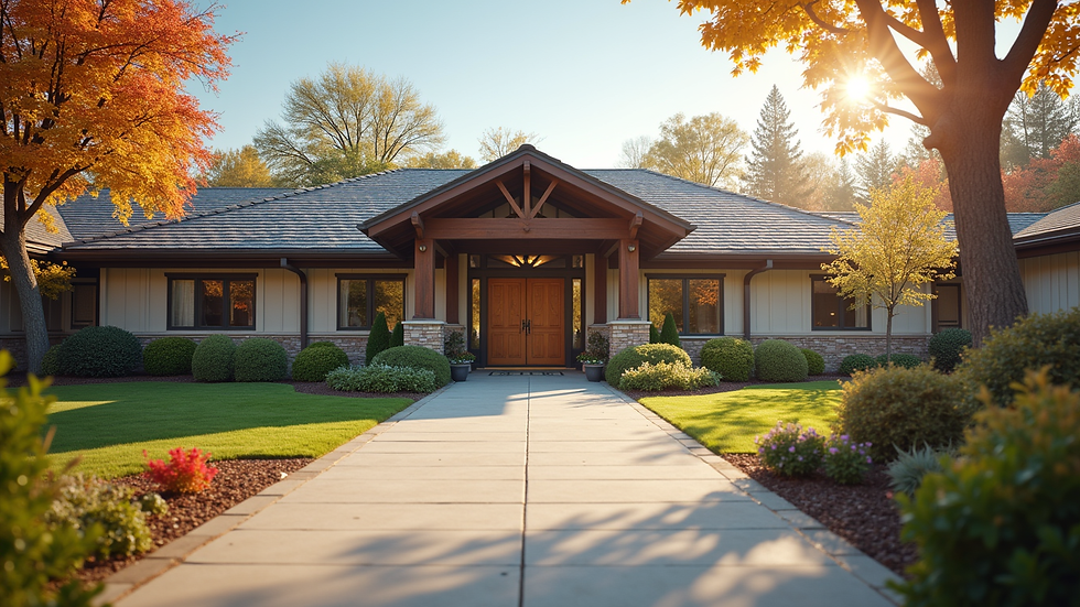 Wide angle view of a secure and welcoming memory care facility entrance