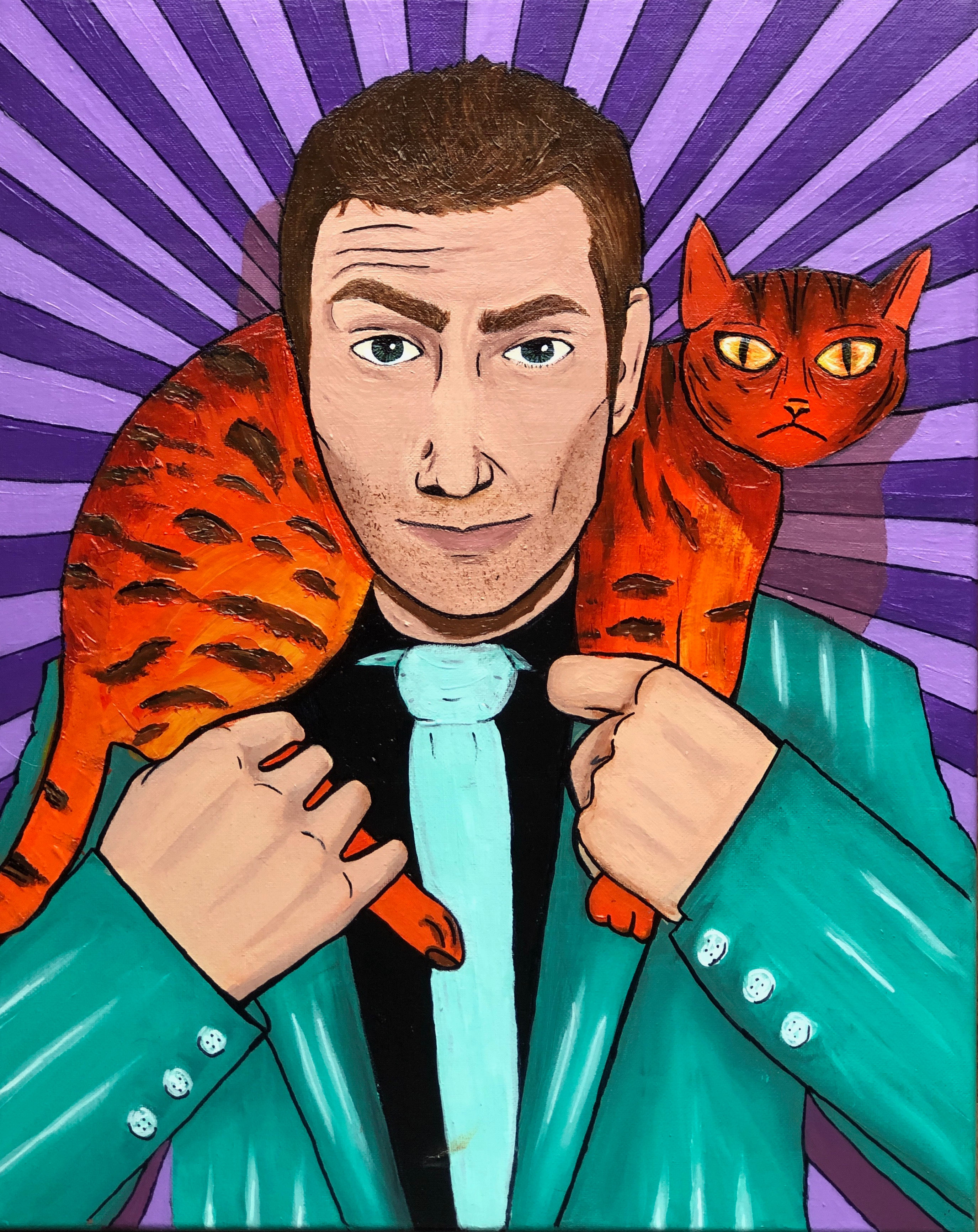 Ein schicker Anzug und eine verängstigte Katze – 16 x 20 Zoll großes Acrylgemälde