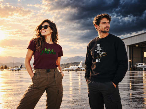 Modelli con T-shirt bordeaux e French Terry nera Flying Legends davanti a un hangar aeronautico