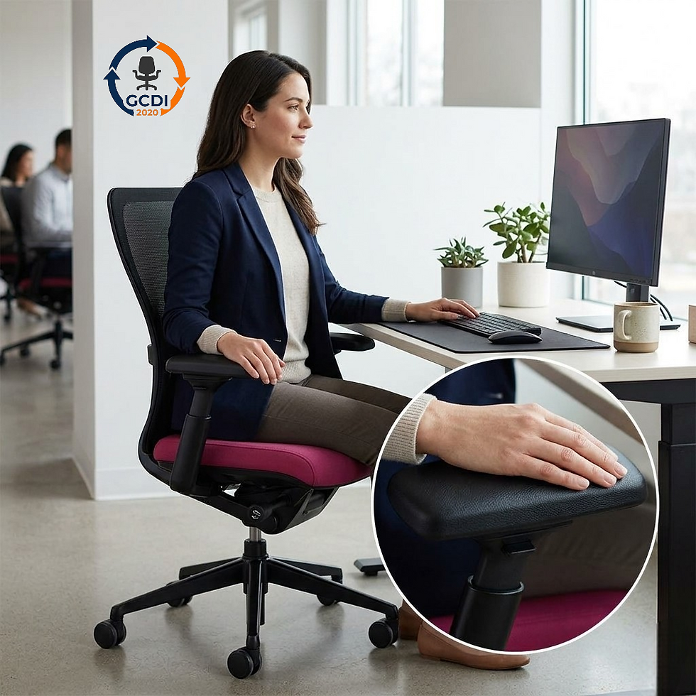 Close-up view of the premium adjustable 4D armrest on a Haworth Zody chair, highlighting the durable replacement arm pads.