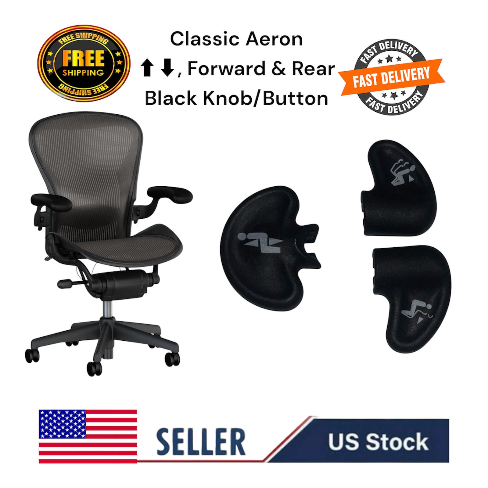 3-Pack Replacement Knob Set for Herman Miller Classic Aeron Chair – Black (Graph