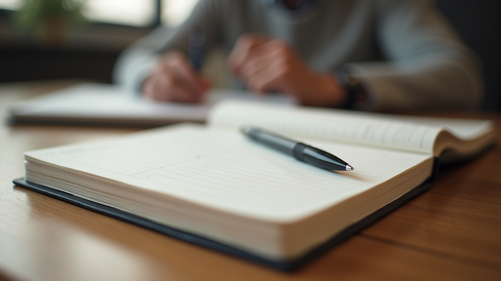 Close-up view of a journal and pen on a wooden table