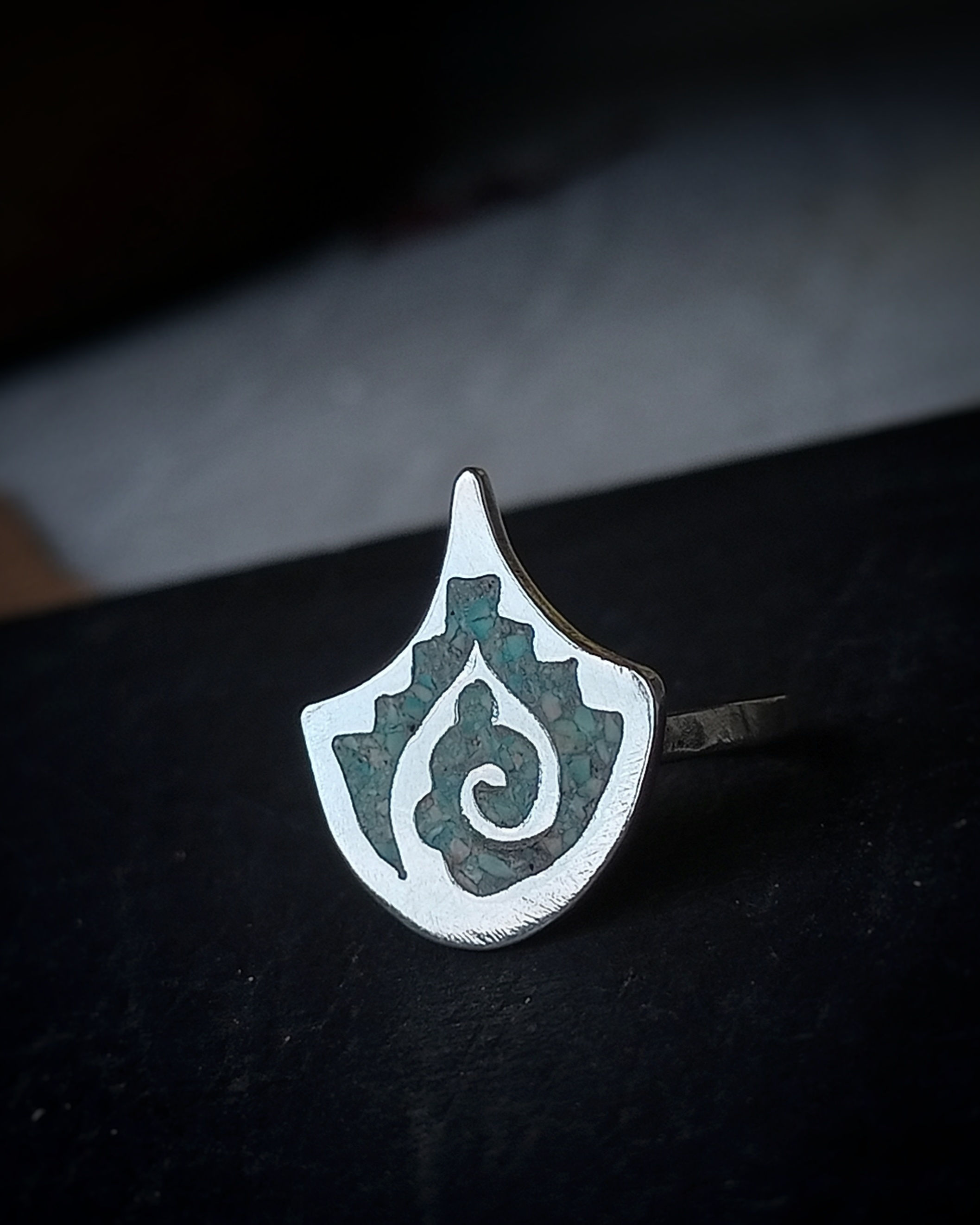 Pazyrk Motif Turquoise Inlay Sterling Silver Copper Ring