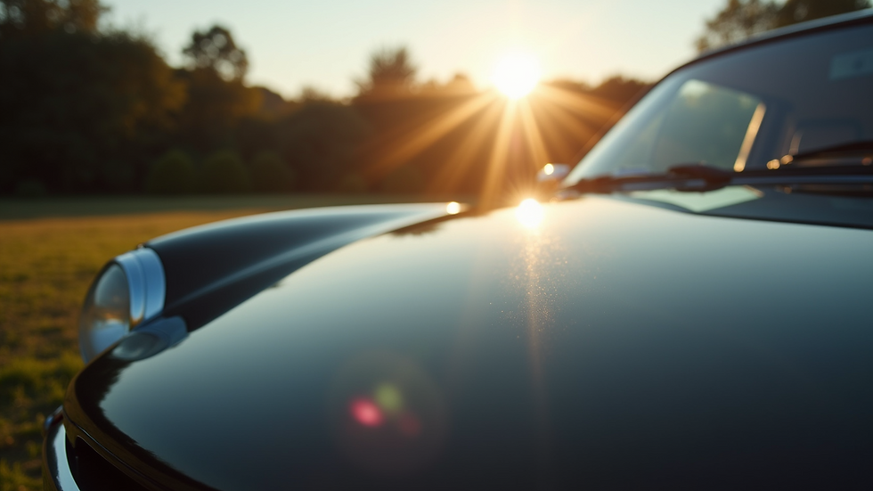 Close-up view of a shiny black car hood reflecting sunlight