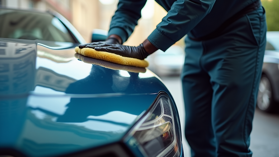 Close-up view of a professional detailer polishing a car’s hood outdoors