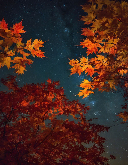 Fall maple leaves in the foreground, and