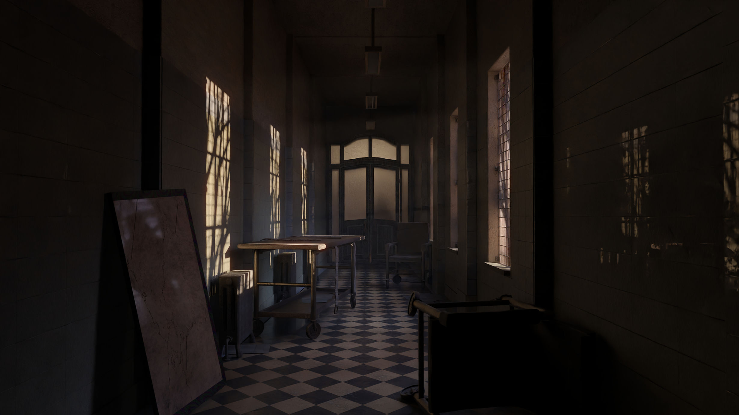 A 3D render of a hallway in an insane asylum