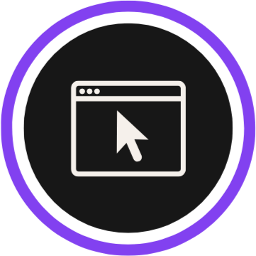 Círculo preto com contorno roxo e ícone branco de contorno de um site com uma seta de mouse no meio.