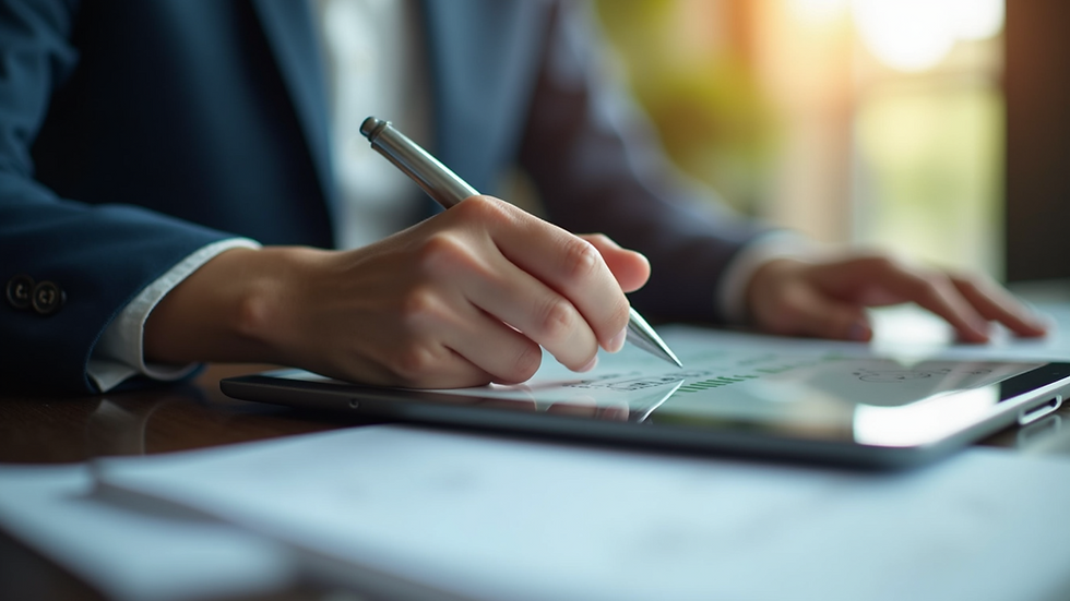 Close-up view of a person using a tablet to process documents