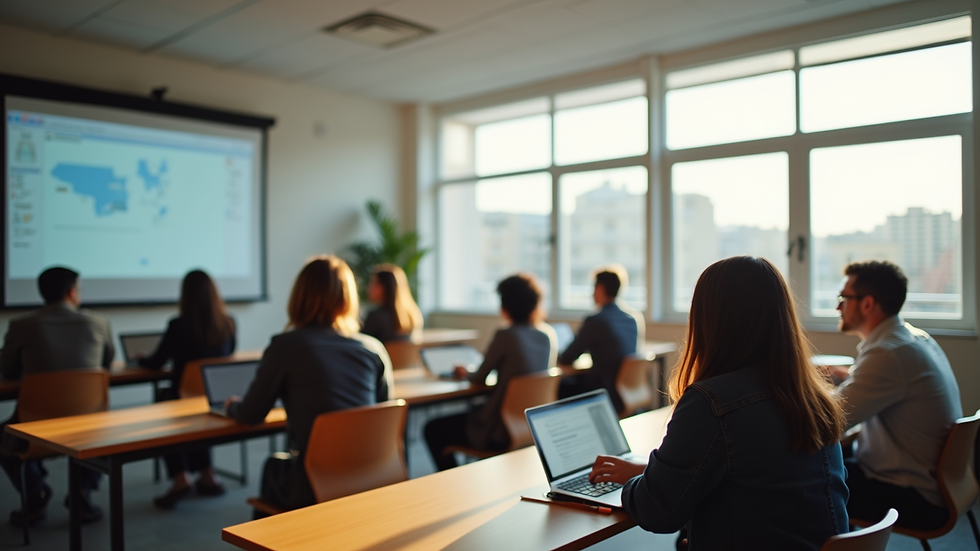 Vista panorámica de un aula moderna con estudiantes interactuando en un entorno de aprendizaje colaborativo