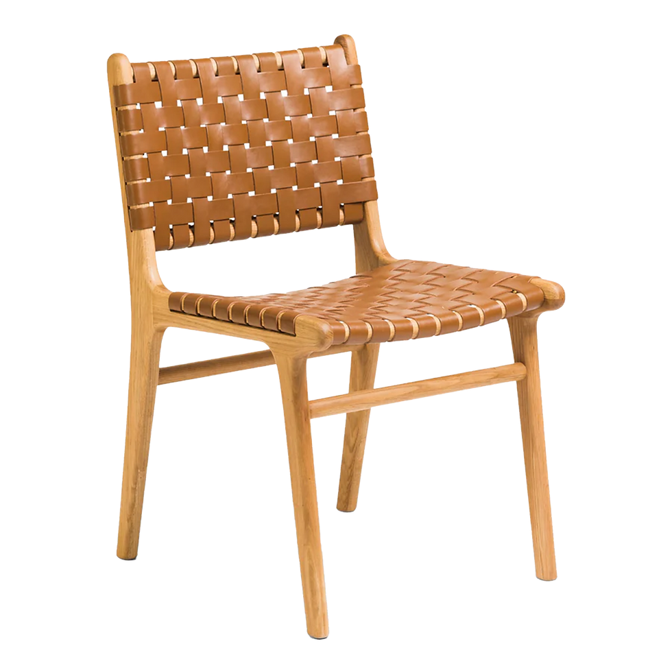 Kama Chair with woven seat and backrest, teak wood frame, and modern design.