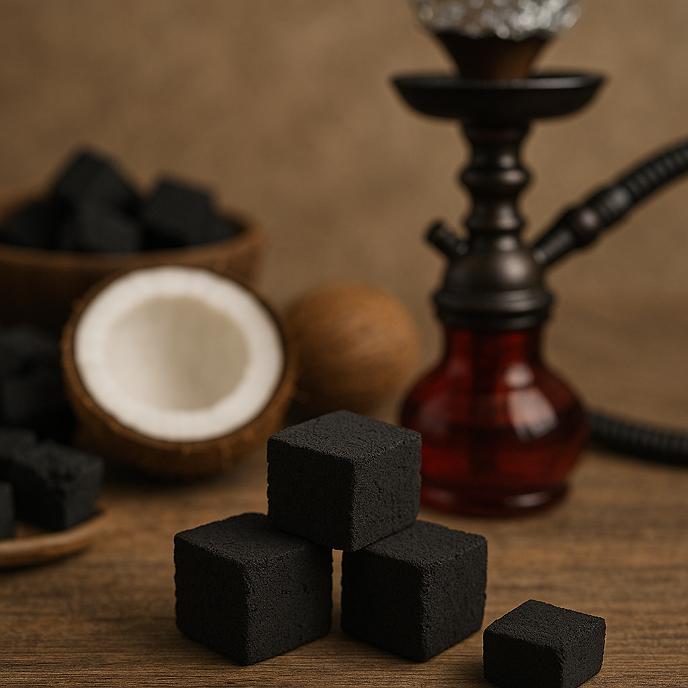 Coconut shell charcoal briquettes stacked on a wooden surface with a red shisha hookah and halved coconut in the background.